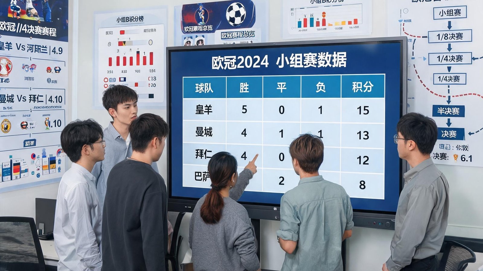 团队成员围坐在显示器前讨论欧冠数据，墙上贴满了赛程图表